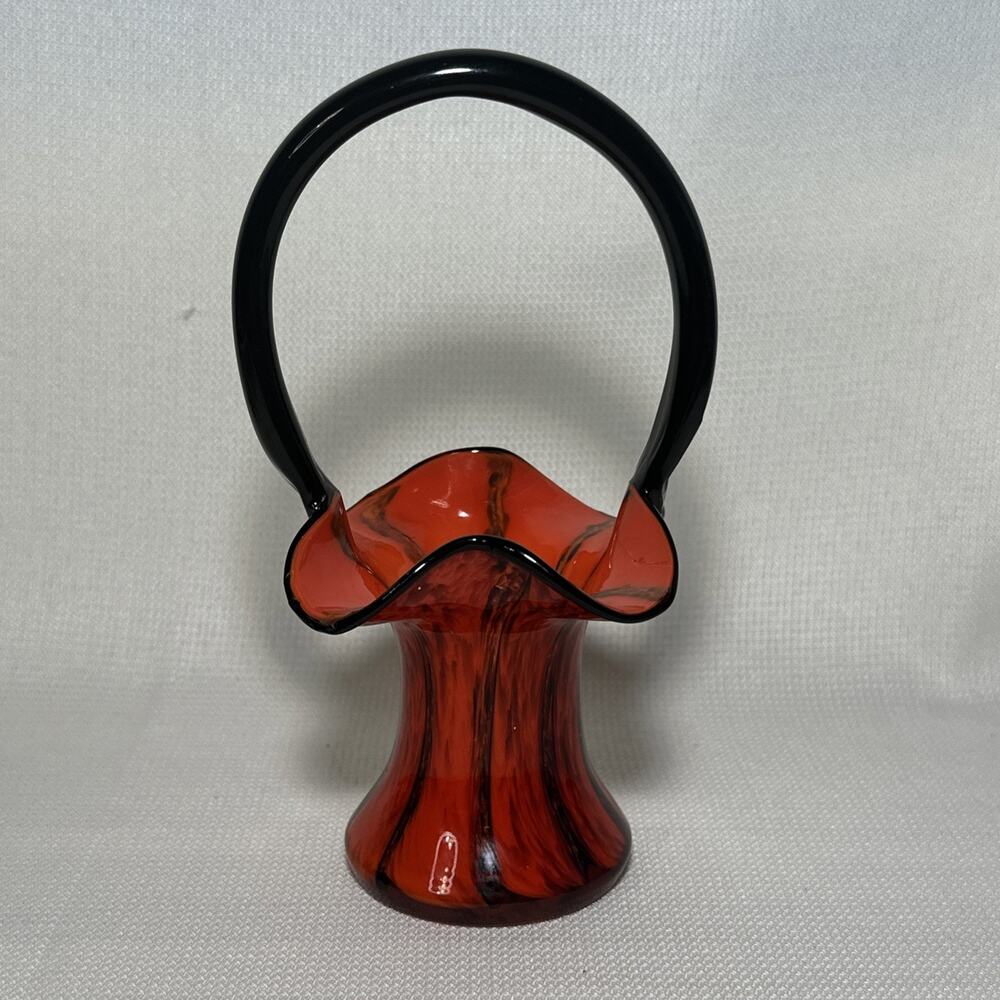 Vintage Czech Tango Art Glass Basket Vase Orange Black